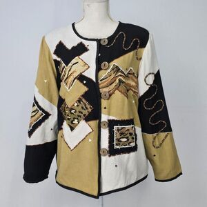 Indigo Moon Womens M Art To Wear Blazer Jacket Black Tan Animal Print Patchwork